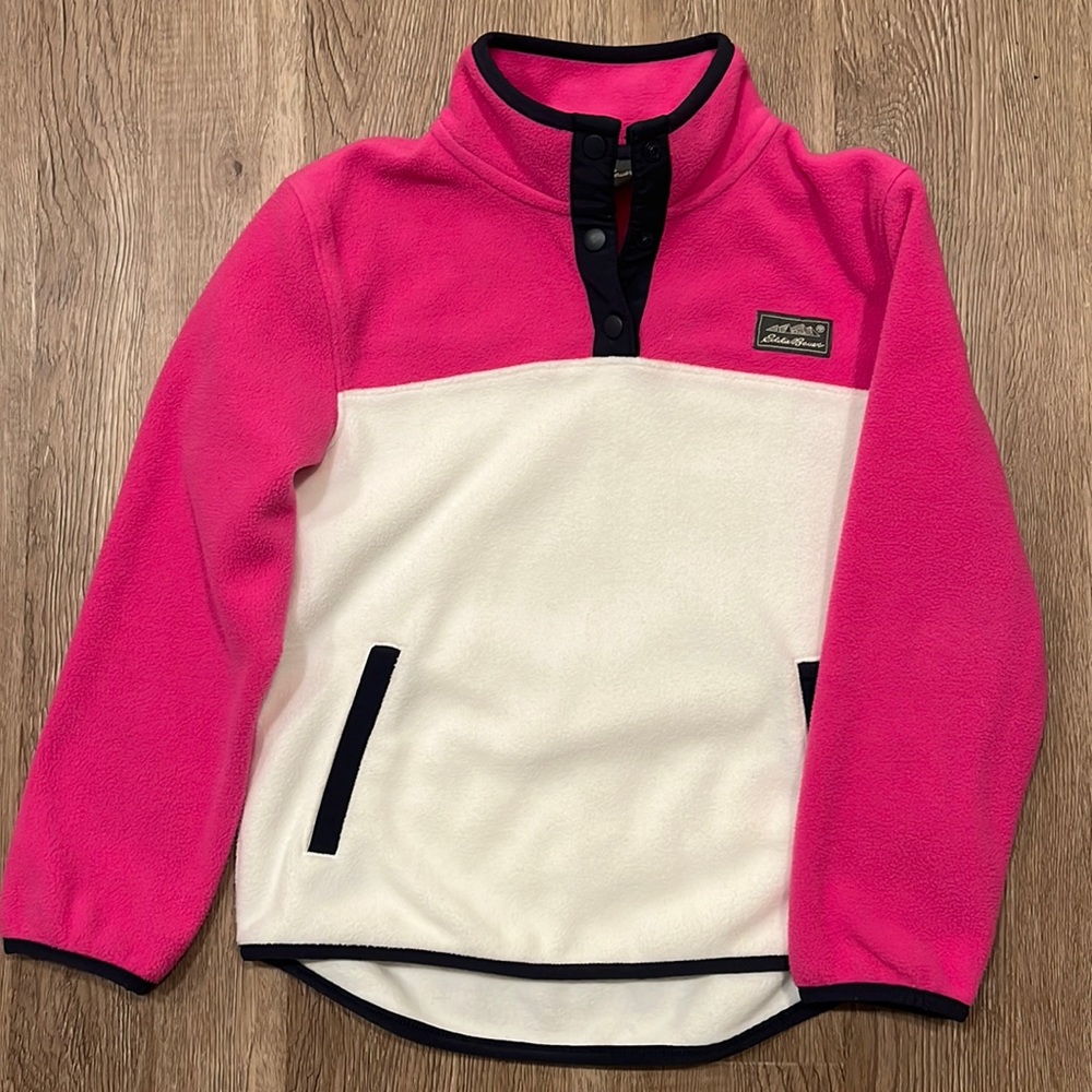 Girls Eddie Bauer color block snap mock fleece.  Cream and pink.  XS (5/6)